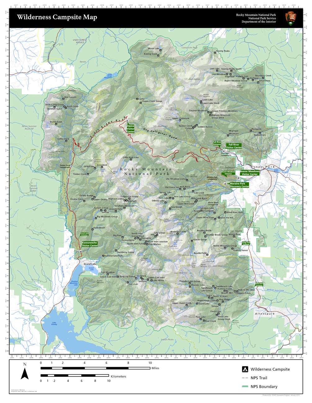 Map of Rocky Mountain National Park showing the location of all wilderness campsites in the park.