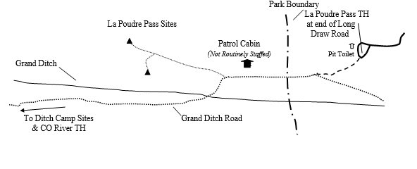 Sketch of campsite map showing location of site and water source in relation to trail.