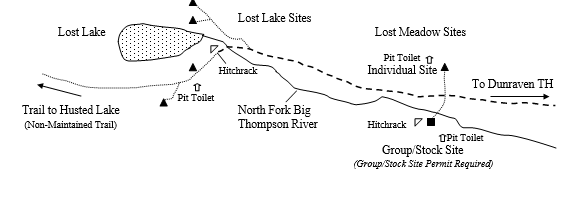Sketch of campsite map showing location and of site and water source in relation to trail.