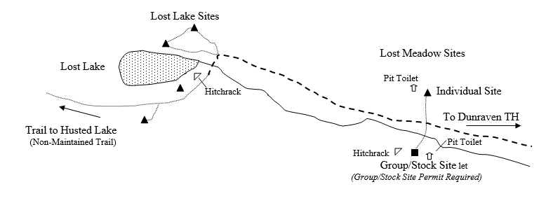Sketch of campssite map showing location of site and water source in relaltion to trail.