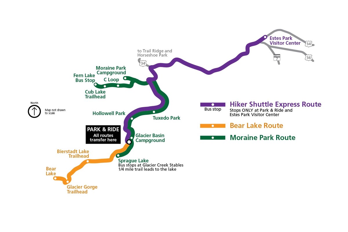 Shuttle Map 2018 - legend A map of shuttle bus routes in Rocky Mountain National Park