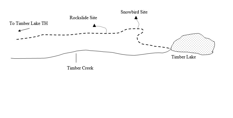Sketch of campsite map showing location of site and water source in relation to trail.