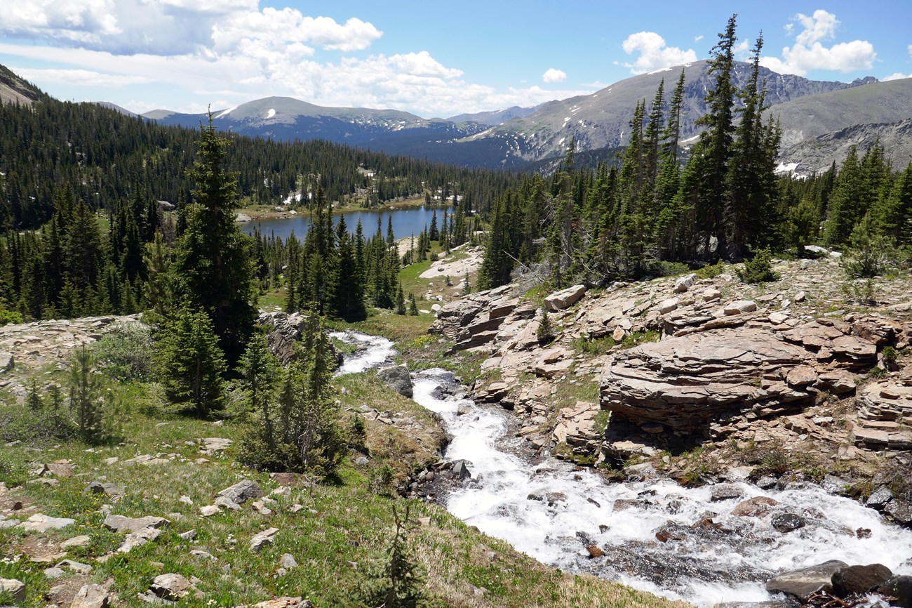 A mountain stream is flowing downhill, past meadow grasses, towards an alpine lake below. Mountain peaks are in the distance.