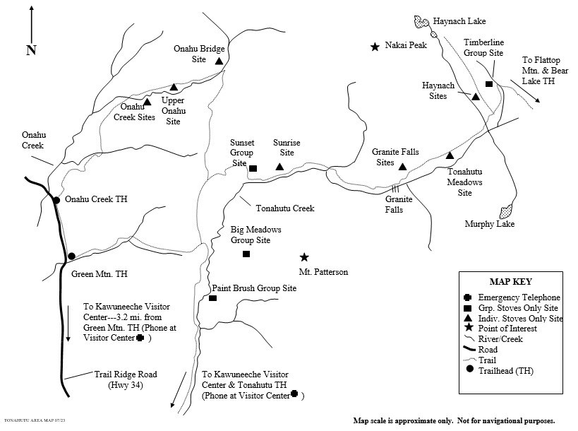 Drawing of Tonahutu area map showing location of wilderness campsites