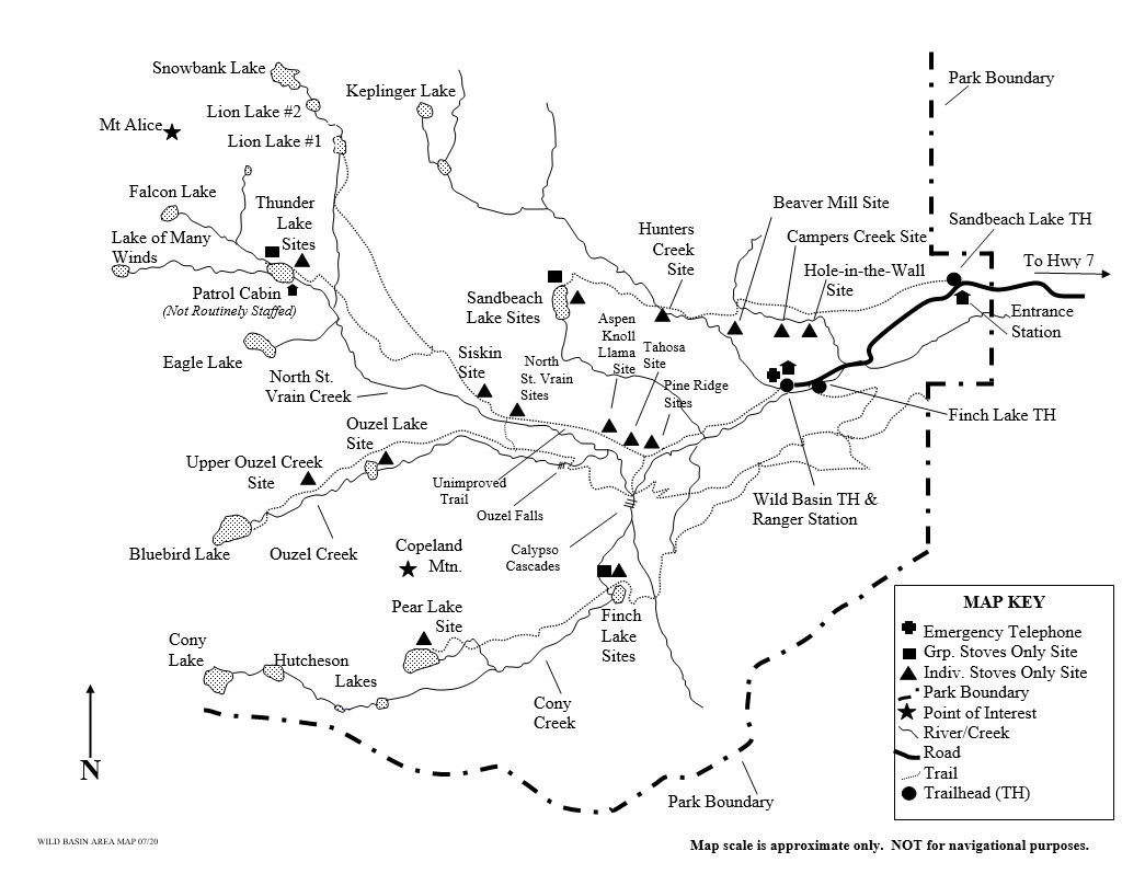 Drawing of Wild Basin area map showing location of wilderness campsites