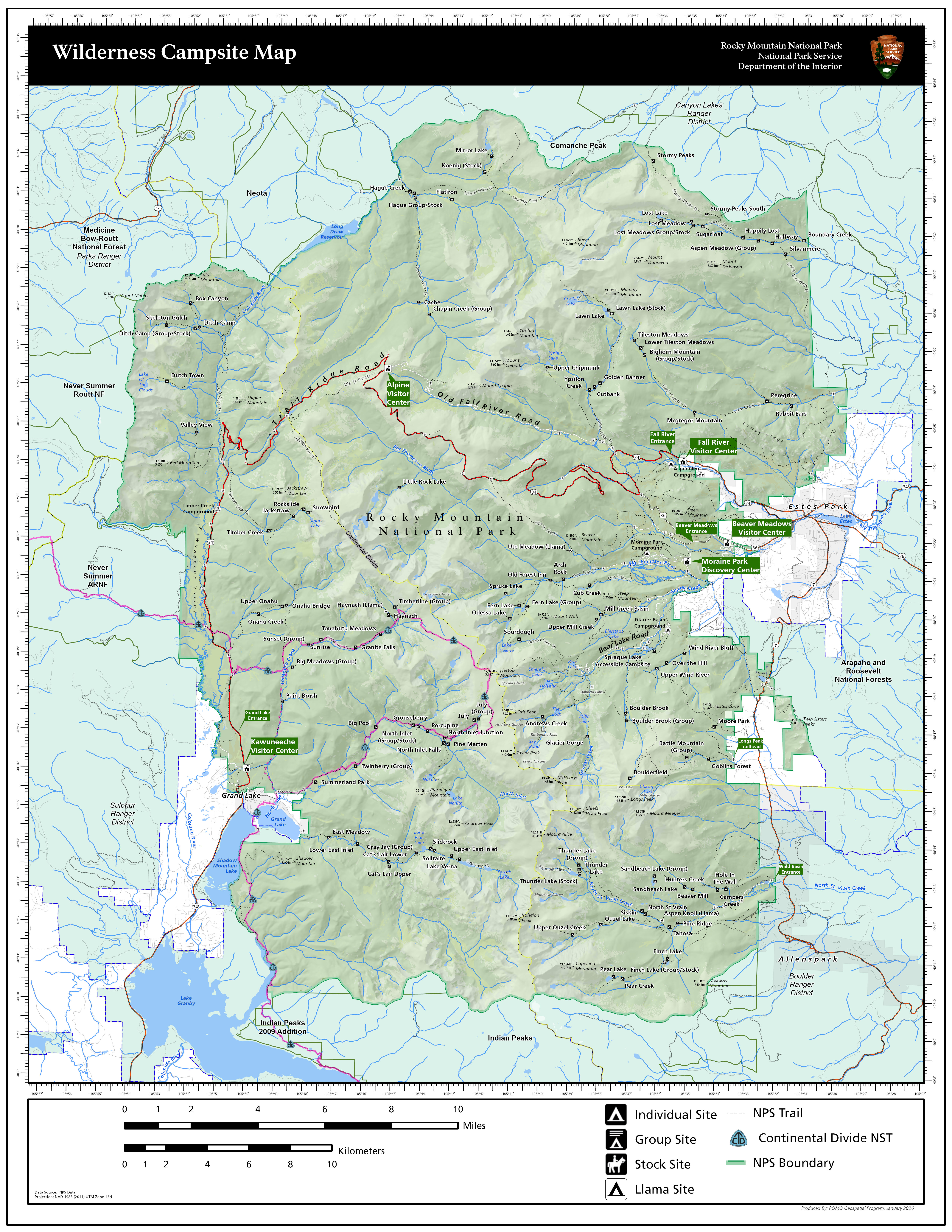 Map of Rocky Mountain National Park showing the location of all wilderness campsites in the park.