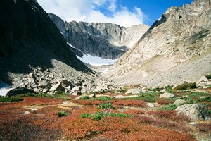 Autumn willows and mountain range behind Lake Solitude