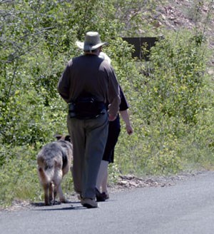 Visitors walking their dog along a park roadway.