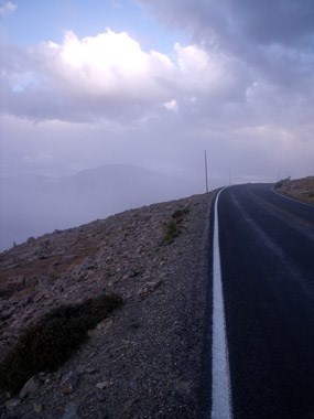 Trail Ridge Road ascending into the fog.