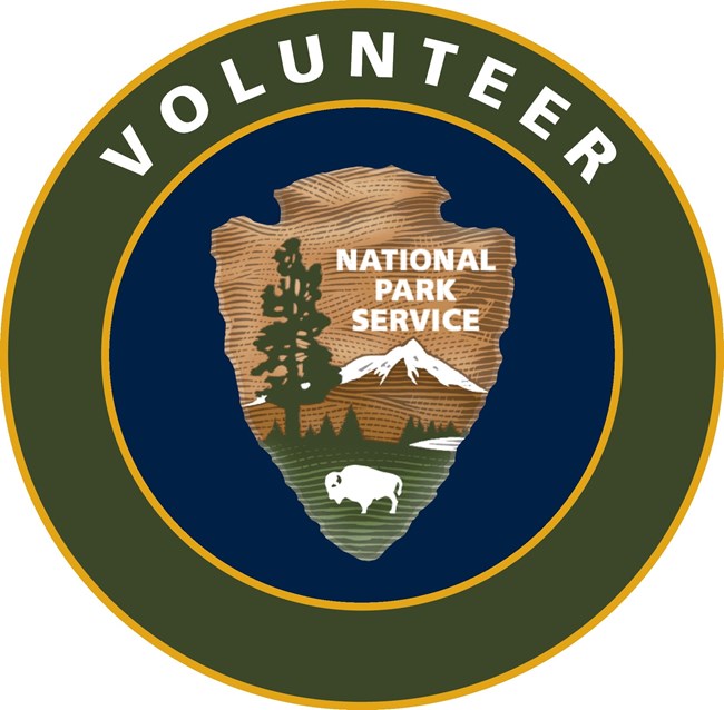 An illustrated logo with a volunteer shied and the word "Volunteer".
