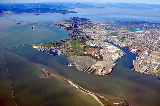 Historic Aerial View of Richmond, California. Shipyard, ships and buildings can be seen.