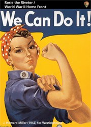 Trading Card of "We Can Do it" poster. Women with red polka dot scarf on head, blue shirt and flexing an arm muscle.