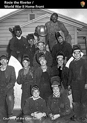 Trading Card of female workers in the shipyard, posing for the camera.
