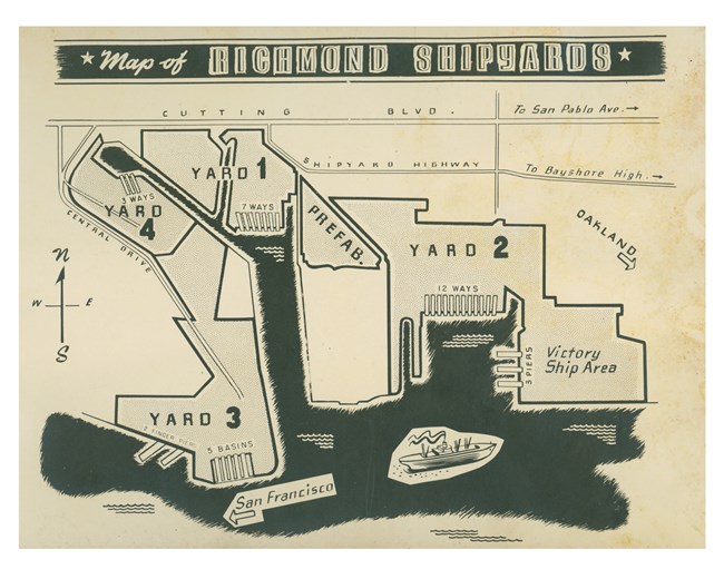 Illustrated map showing the original locations of the shipyards and working areas in Richmond, California. Shipyards 1-4.