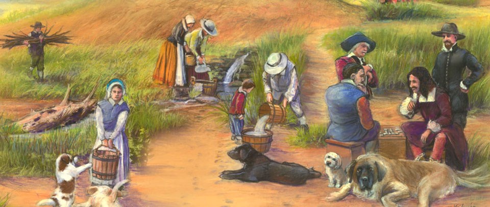 Colorful painting with people and dogs relaxing next to a spring