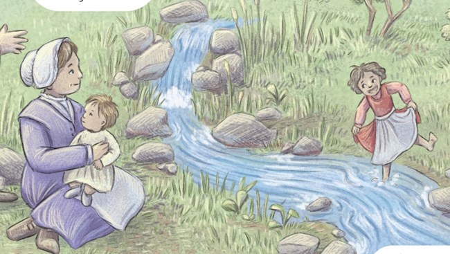 Artist sketch of a woman sitting near a stream with a baby in her arms while another young girl playin in the water