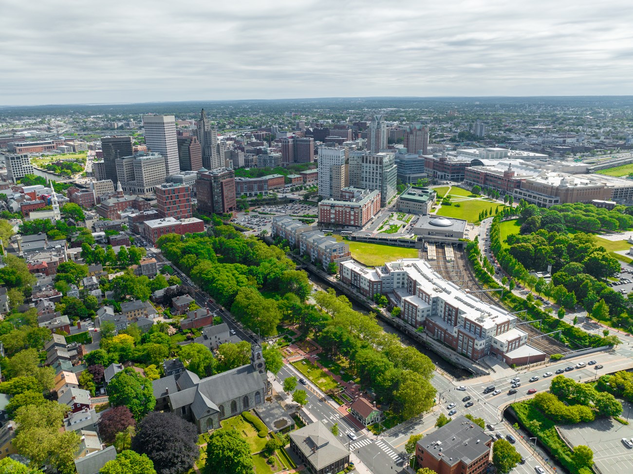 Arial photo of Providence with the National Memorial at the cetner