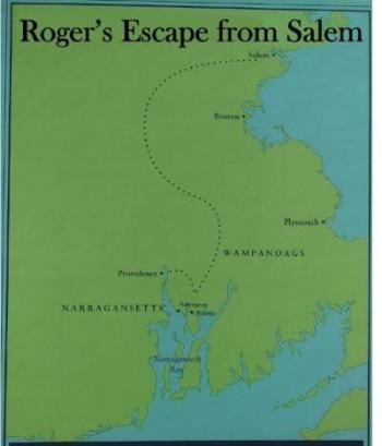 Map of Roger Williams trip from Salem to Providence