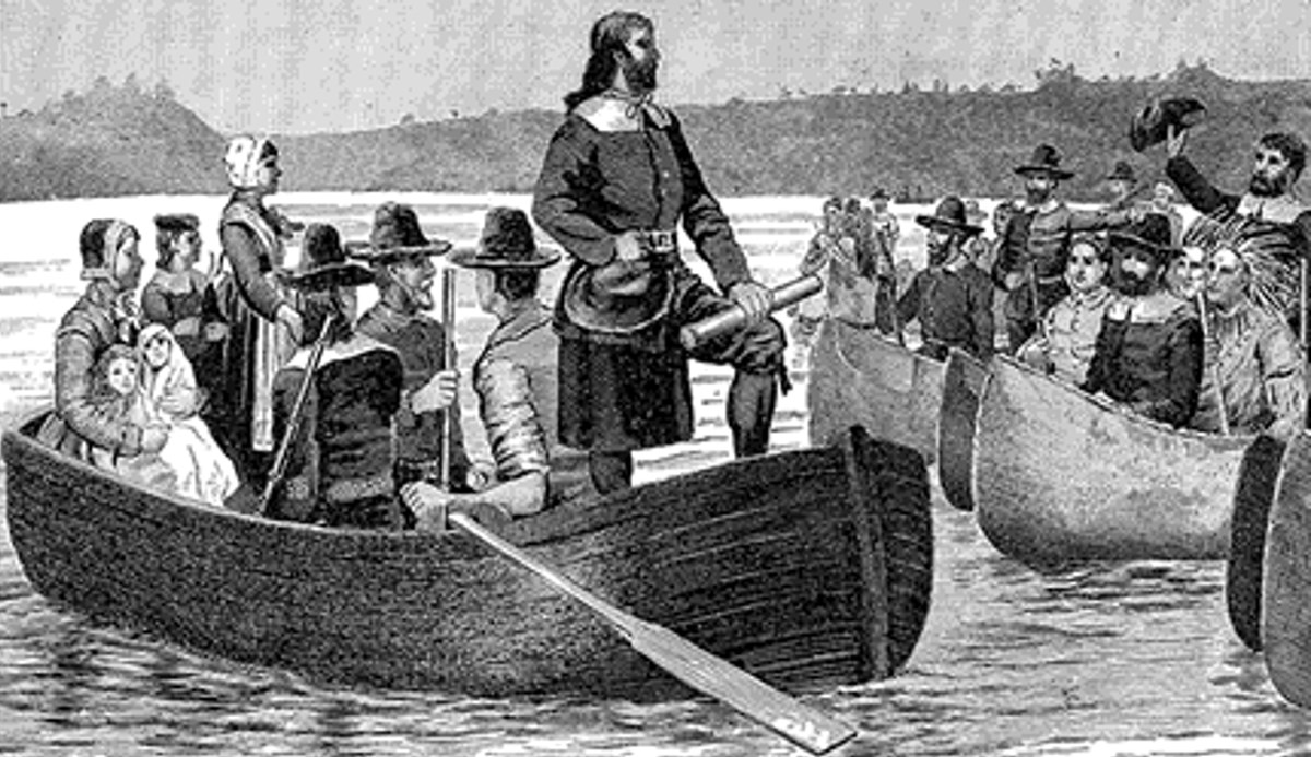 Engraving of Roger Williams on his return from England with the Patent
