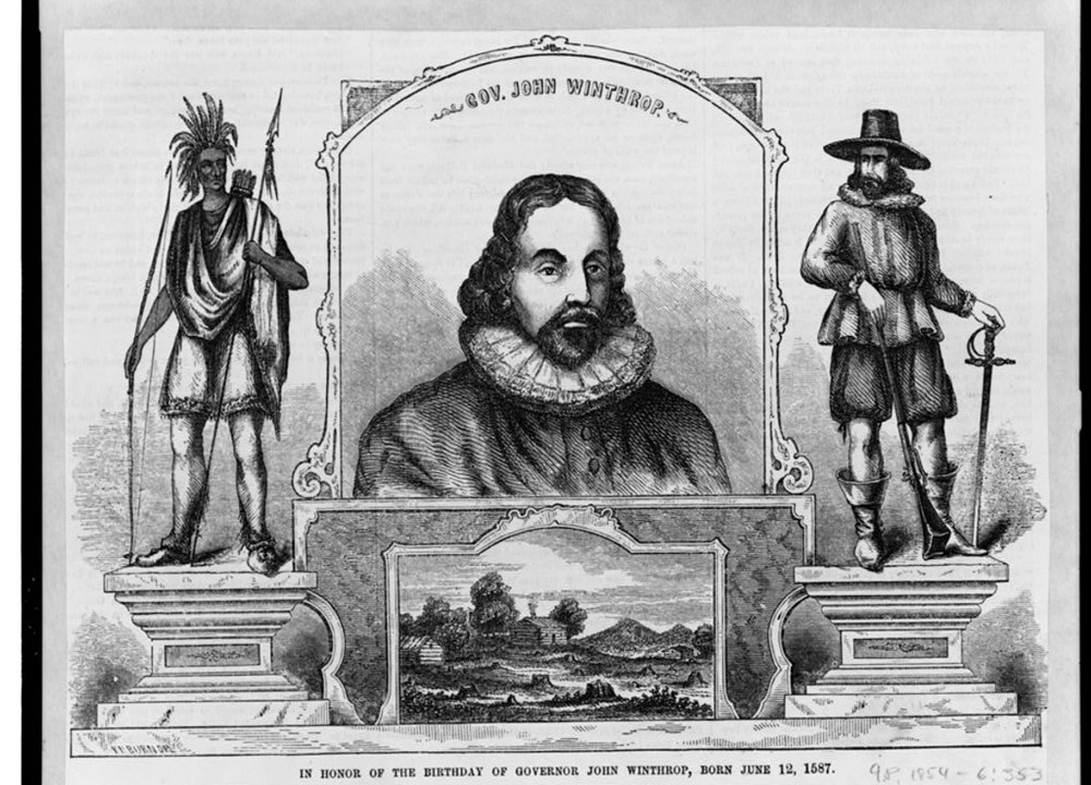 Image of Governor John Winthrop, a Native American and a Puritan