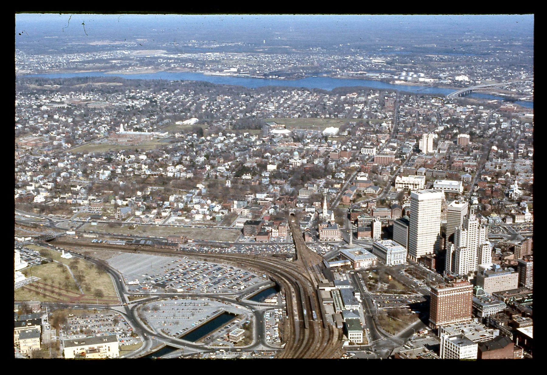 Looking West over the National Memorial, college hill, and toward Massachusetts