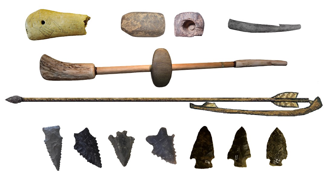 atlatl handle, bannerstone, and tip (top row), recreation of an atlatl (2nd row), illustration of an atlatl loaded with a spear (3rd row), and various stone points (last row).