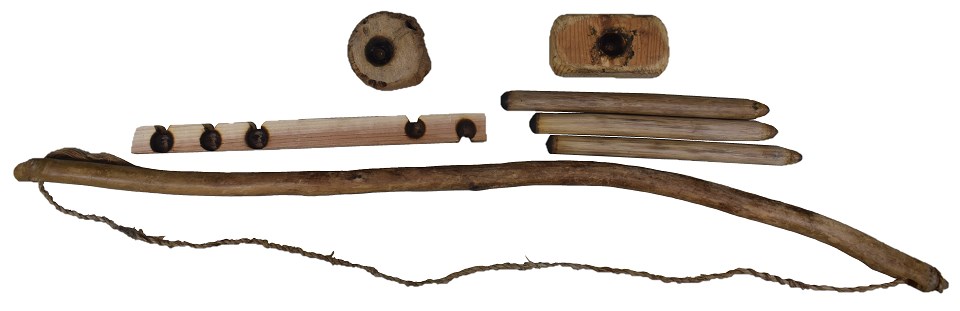 bow drill, wooden spindles, and wooden handles