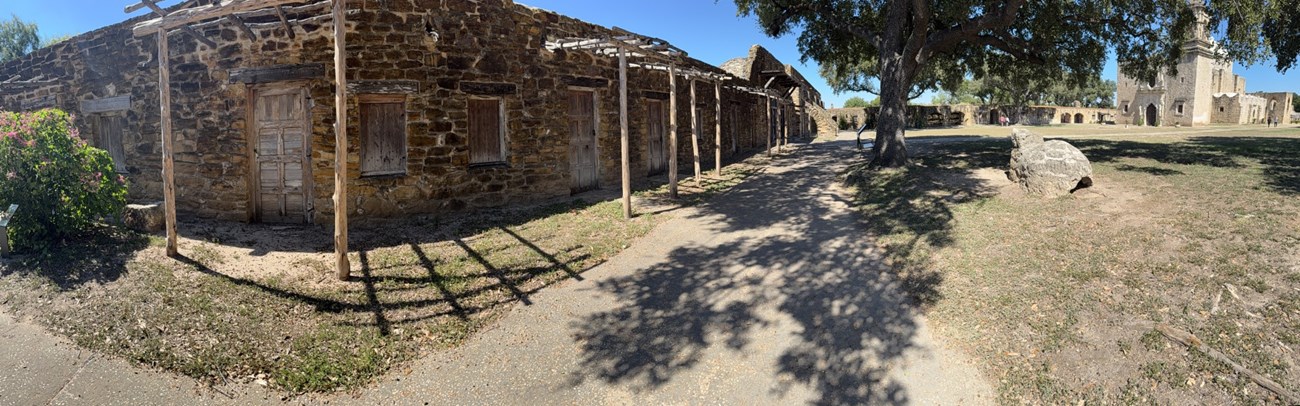 Mission San Jose Indigenous quarters panoramic image along the sidewalk.
