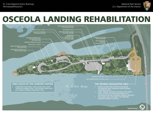 Map of Osceola Landing Rehabilitation with dots indicating where changes are to be made including parking and parking lots, toilets, launches, and trails.