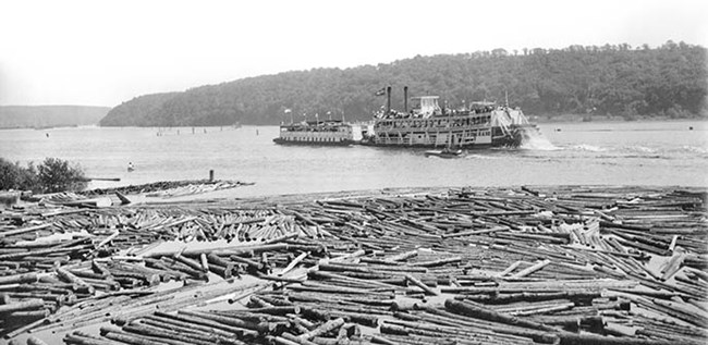 A large paddle-wheel and smaller boats motor on a river filled with logs in the foreground. A large paddle-wheel and smaller boats motor on a river filled with logs in the foreground.