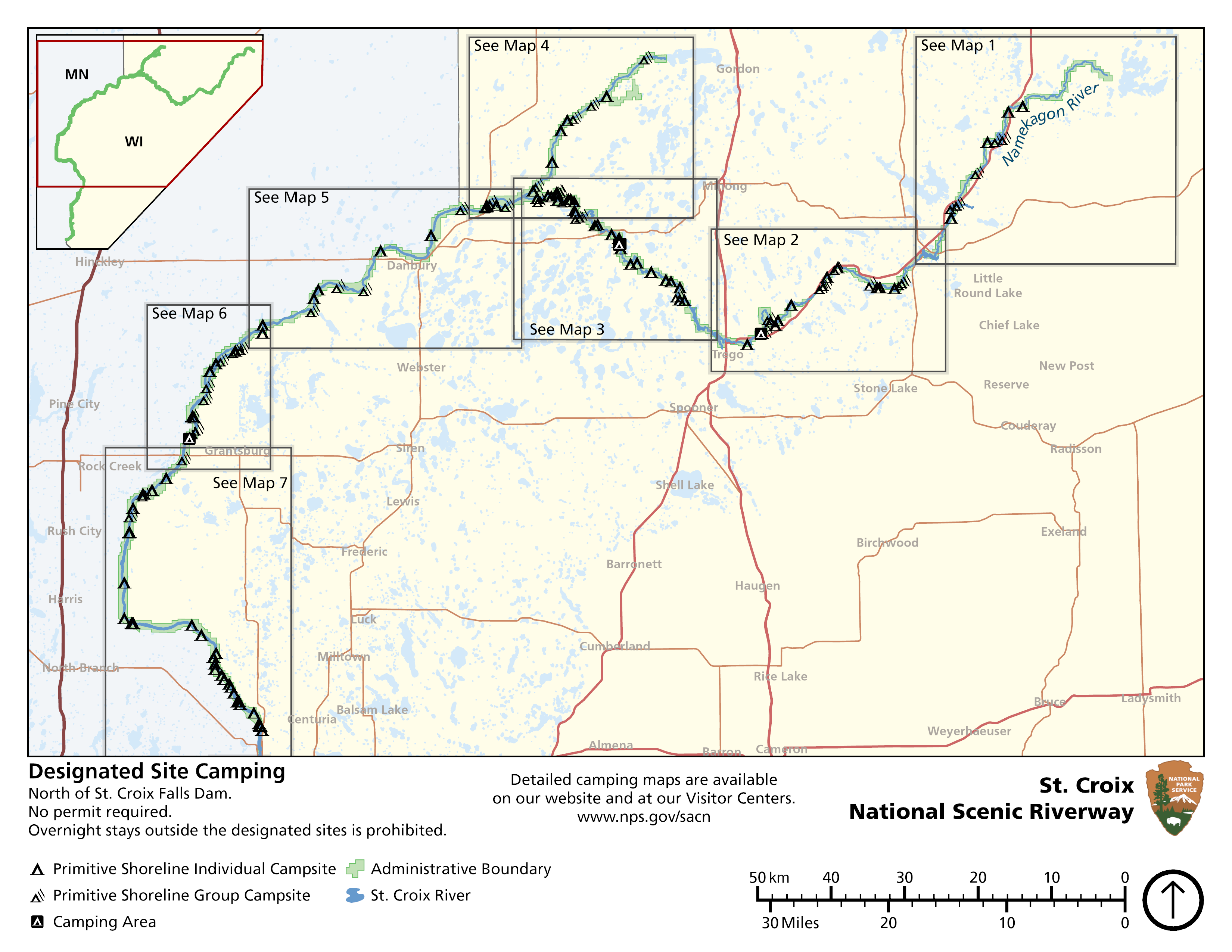Map of campground on the St. Croix and Namekagon rivers where permits are not required.