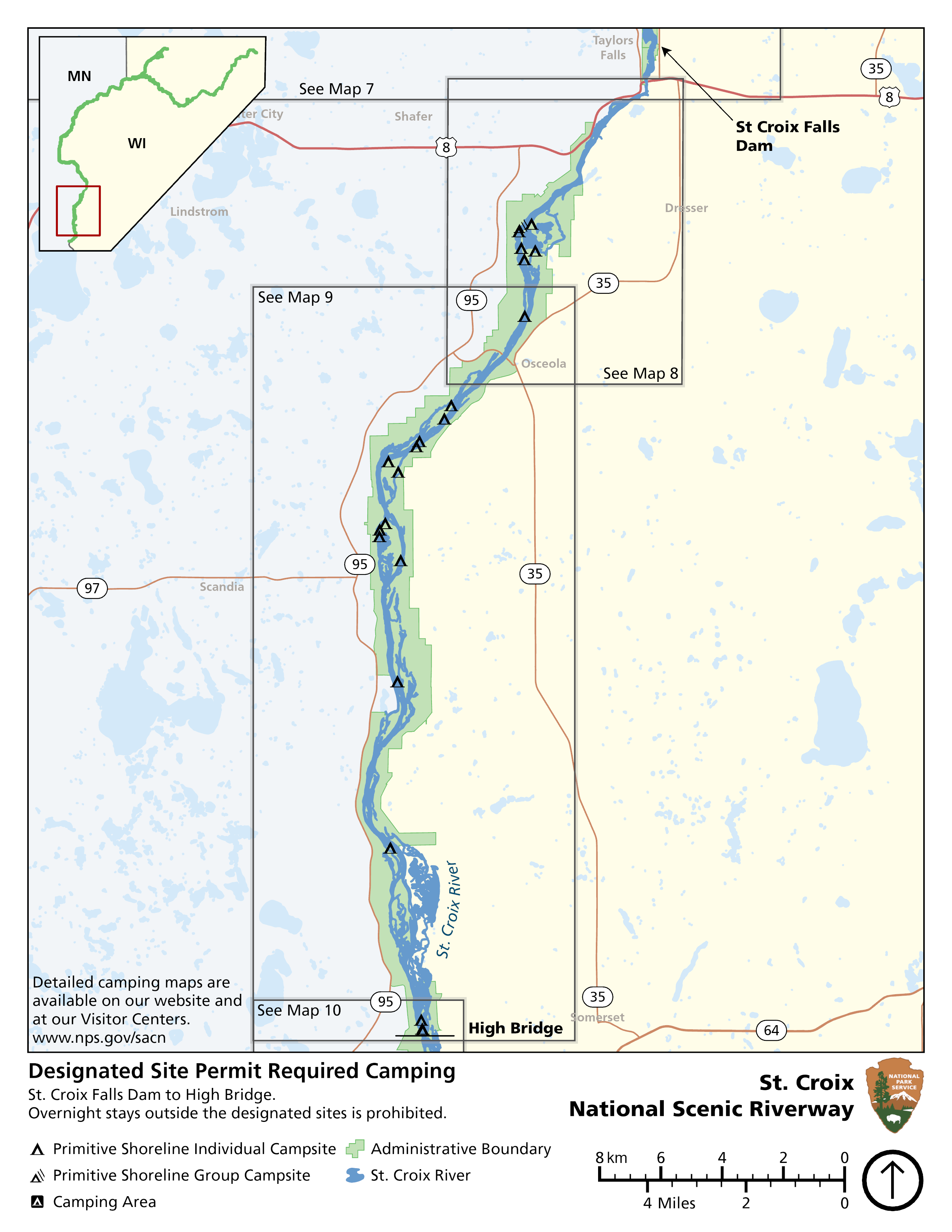 Map of St Croix River between St. Croix Falls Dam in the north to High Bridge of campsites where permits are required.