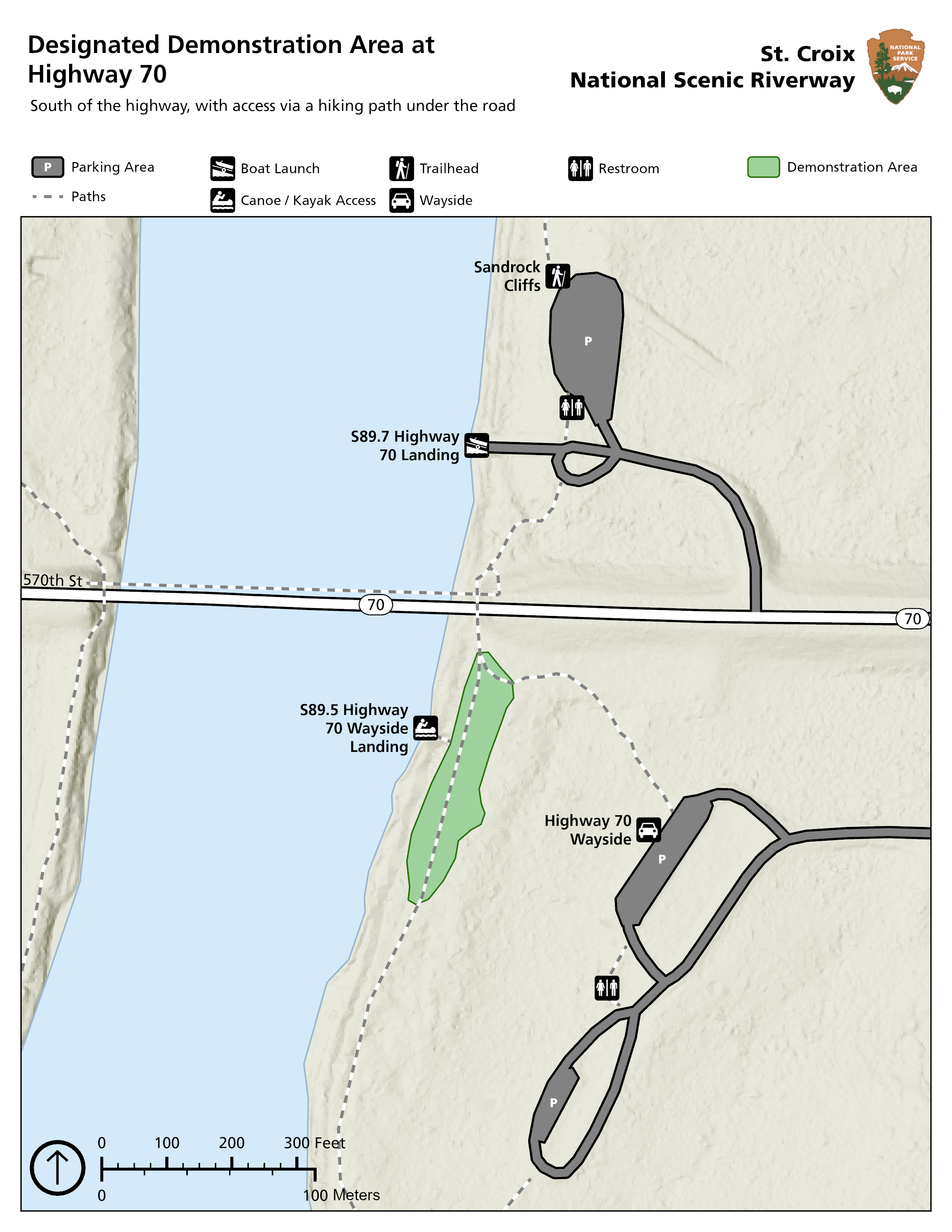 A map of the Highway 70 parking area with a polygon on the south side of the road near the bridge denoting the location of the designated demonstration area.