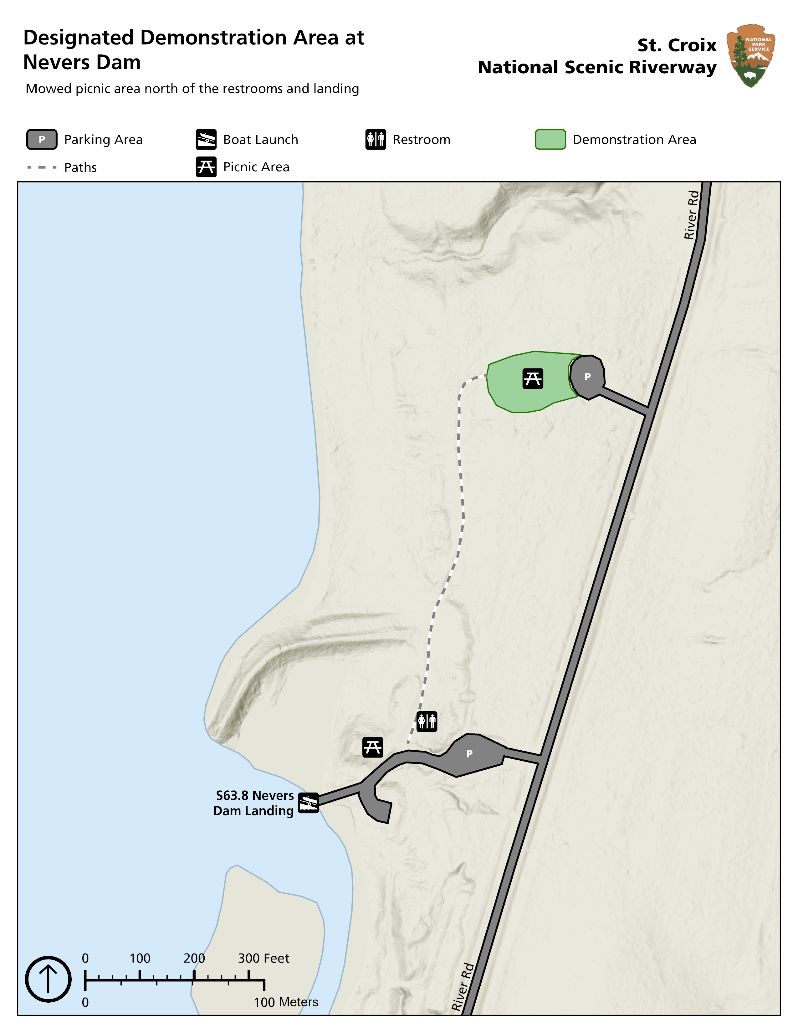 A map of Nevers Dam with a polygon near the more northern picnic area denoting the location of the designated demonstration area.