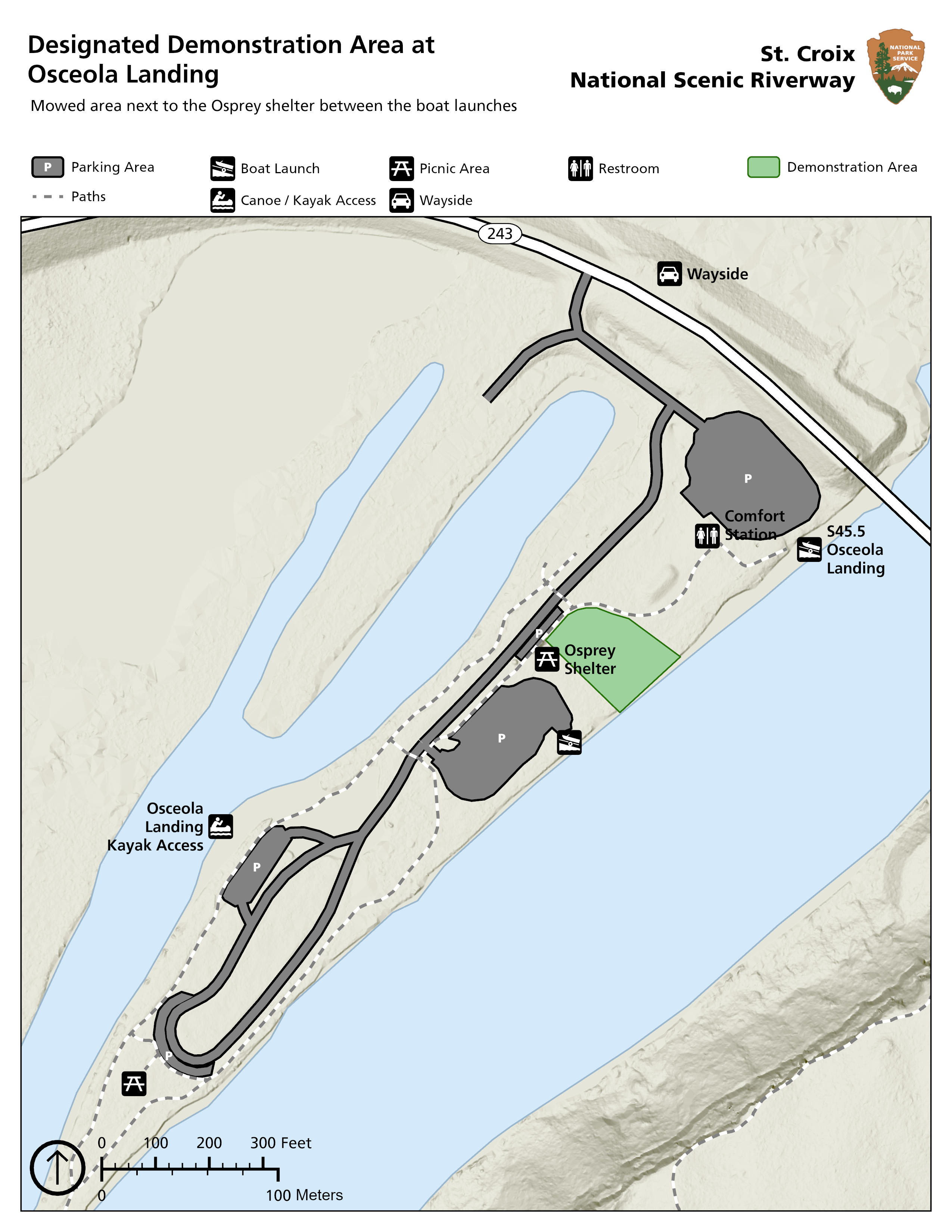 A map of Osceola Landing with a polygon near the Osprey Shelter denoting the location of the designated demonstration area.