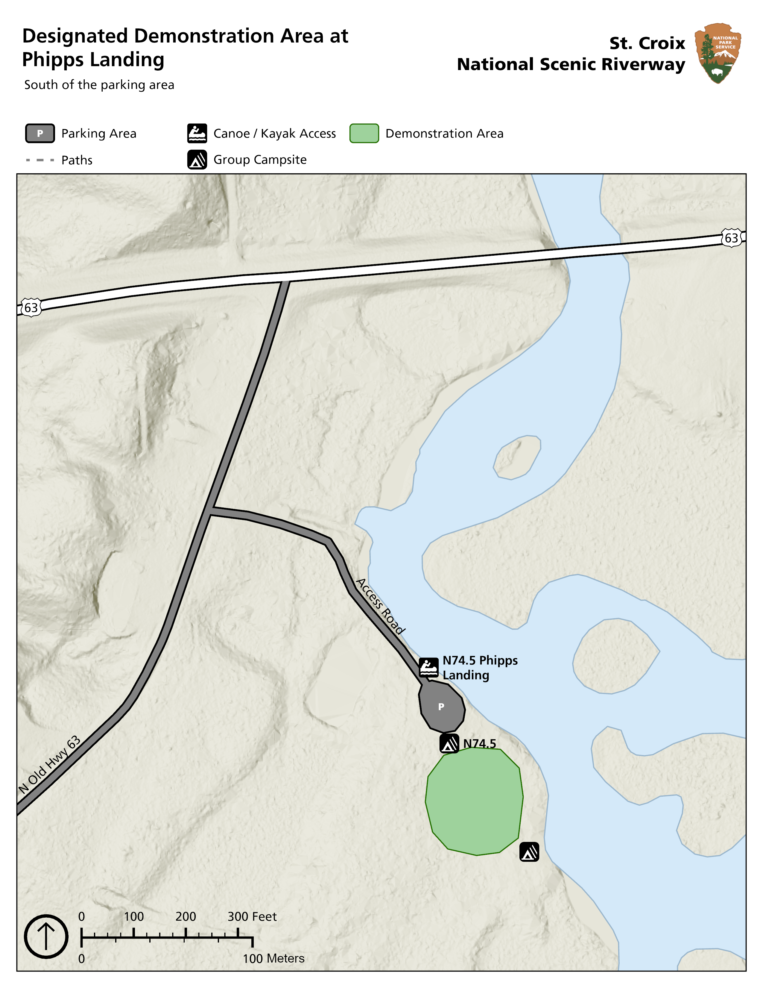 A map of Phipps Landing with a polygon just south of the boat launch denoting the location of the designated demonstration area.