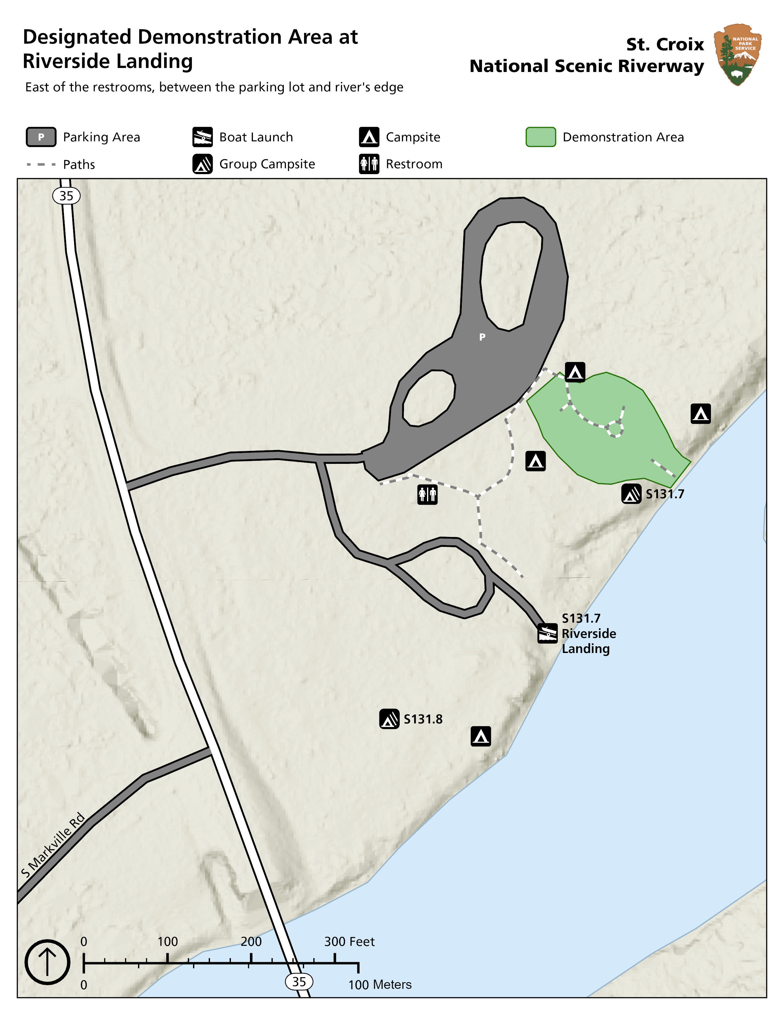 A map of Riverside Landing with a polygon upstream of the boat launch denoting the location of the designated demonstration area.