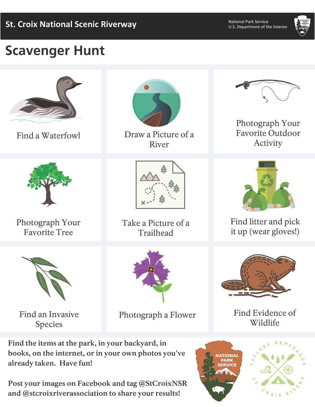 A list of items to find: a Waterfowl, Draw a Picture of a River, Photograph Your Favorite Outdoor Activity, Your Favorite Tree, a Trailhead, and a Flower; Find an Invasive Species, evidence of wildlife, and litter (pick it up if you have gloves).