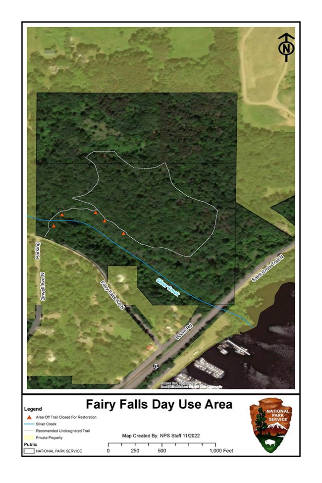 Aerial view of Fairy Falls Day Use Area with overlay of dotted line for trail and overlay of blue line for Silver Creek