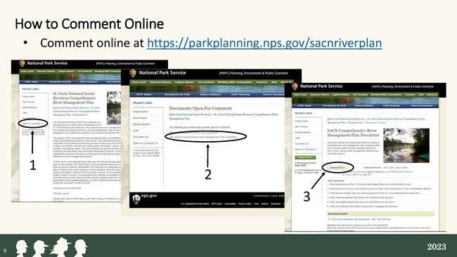 Screen shots of how to submit comments in NPS Planning Environment & Public Comment system.
