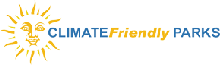 Climate Friendly Parks a logo of a sun with a faintly smiling face and text reading "climate friendly parks"