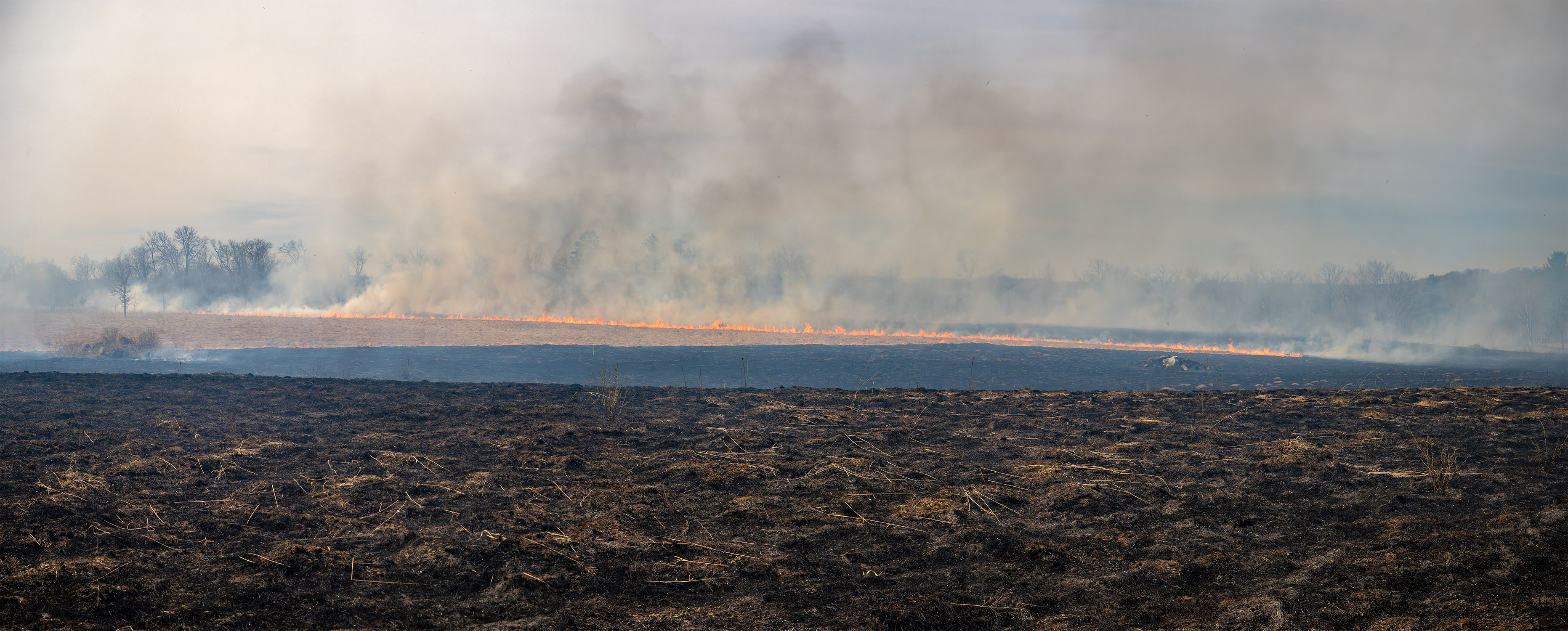 A panoramic photo of a burning prairie.