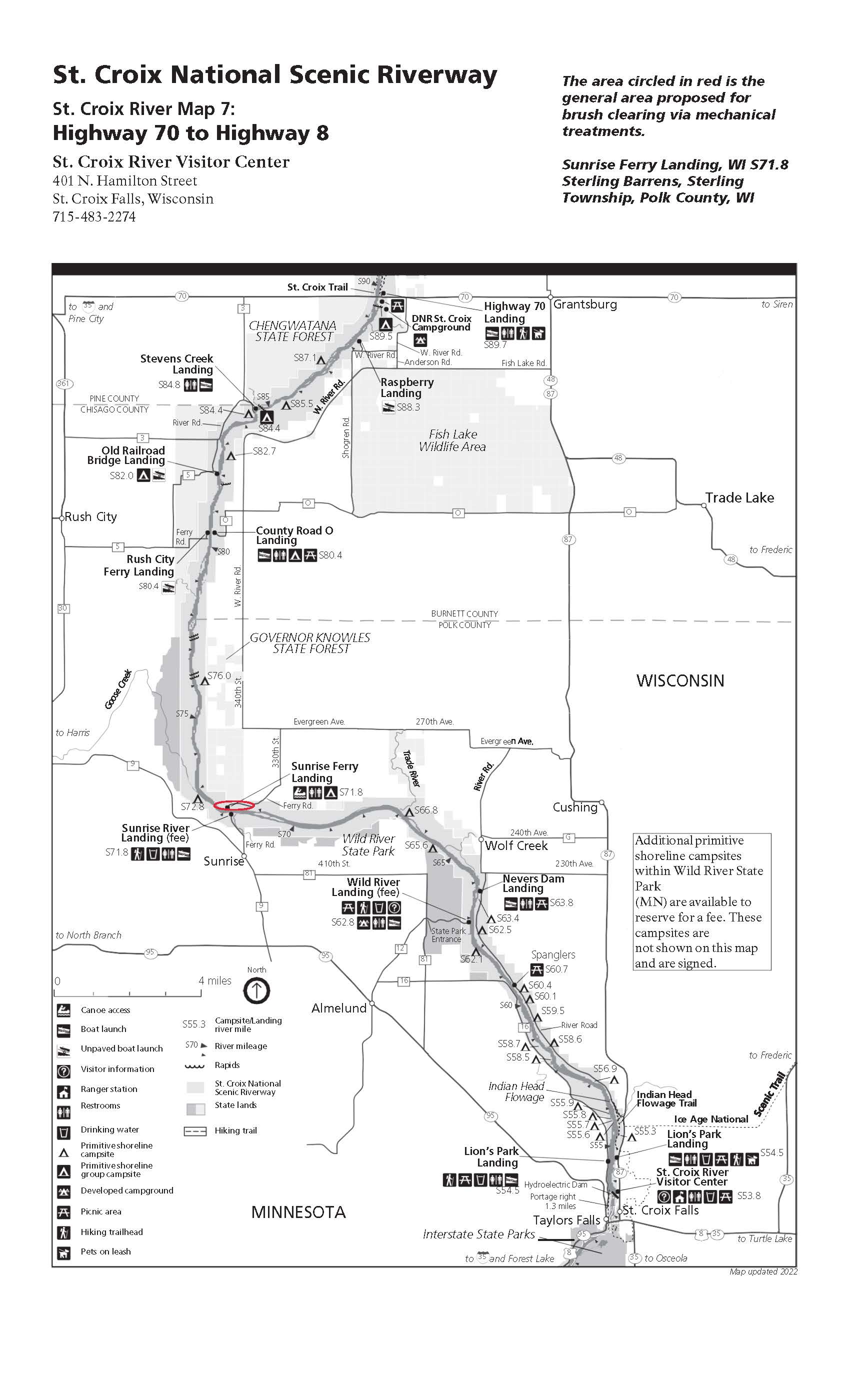 Map of St. Croix River from Grantsburg to St. Croix Falls, WI with red circle near Sunrise Ferry Landing