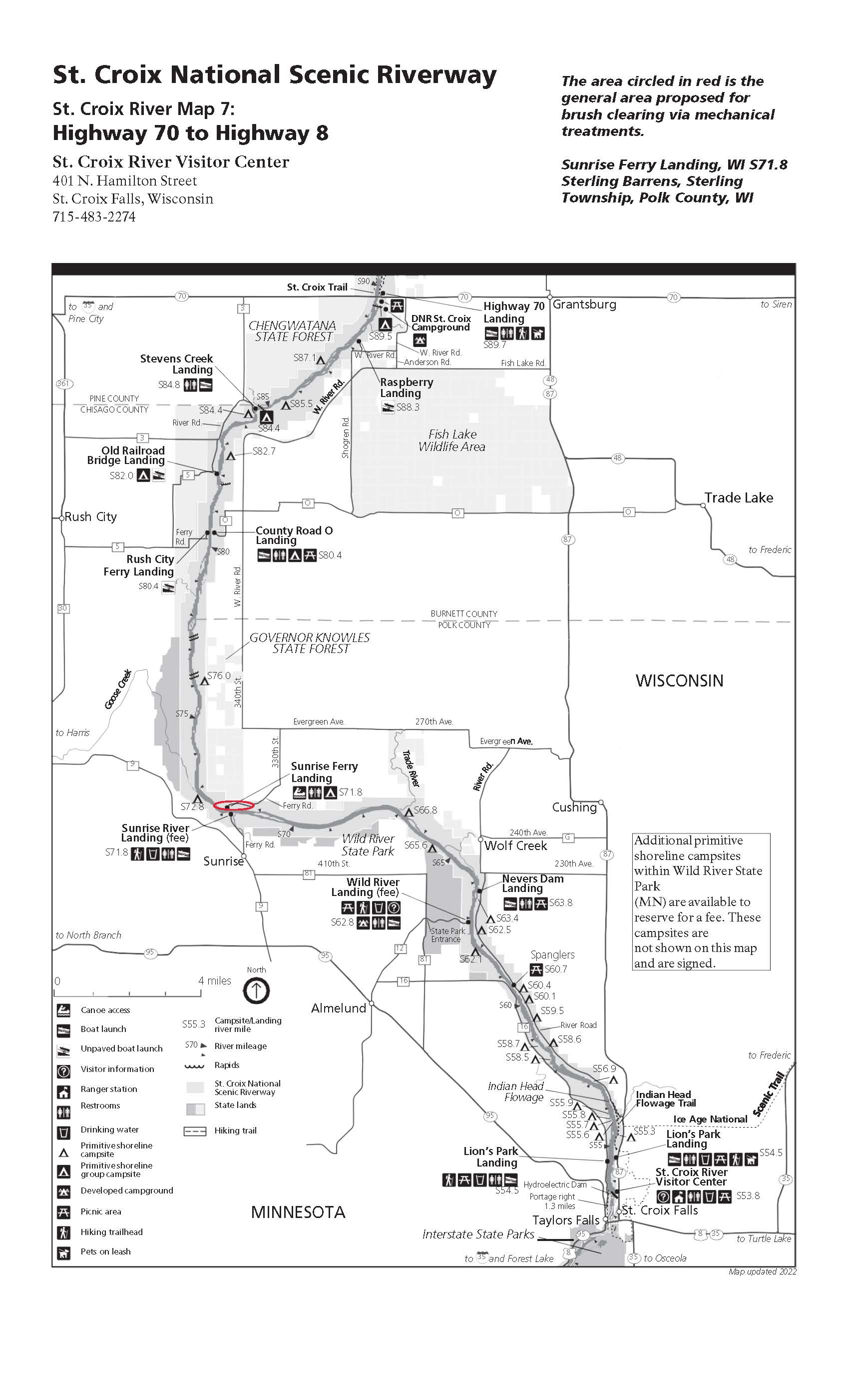 Map 7 with Sunrise Campground highlight Map of St. Croix River from Grantsburg to St. Croix Falls, WI with red circle near Sunrise Ferry Landing