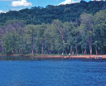 Blue waters, a sandy shore with boats pulled up and in the background tree covered bluffs