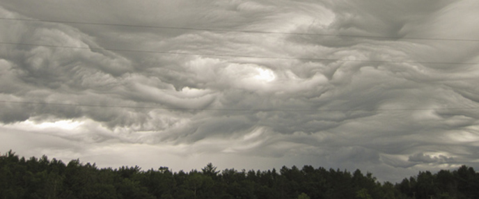 Storm clouds over dark trees.
