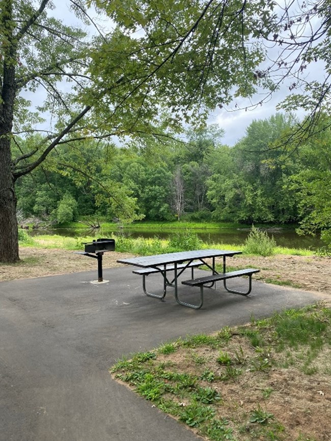 Picnic table and grill on tarmac in center with tarmac path in foreground, surrounded by grass and green trees and the river in the background