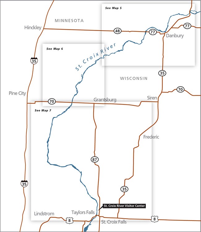 Map of the St. Croix River between Riverside Landing and Highway 70 in Wisconsin.