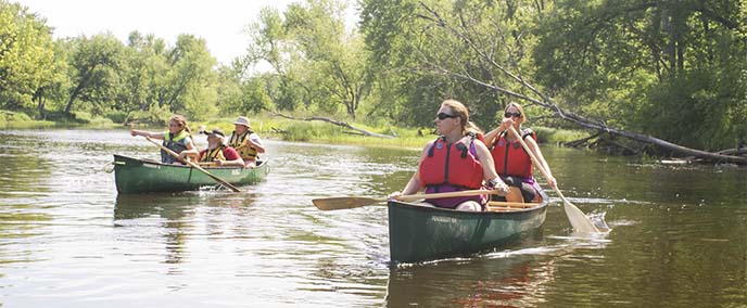 People in two canoes paddle and look at a wooded shoreline.