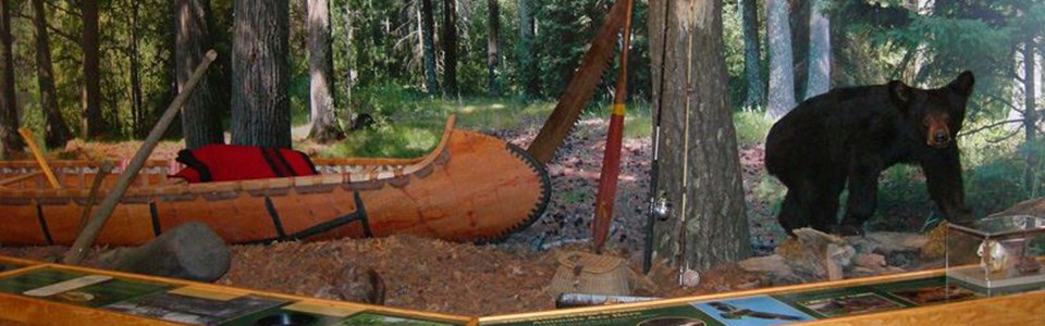 An exhibit shows a birch bark canoe, black bear, fishing poles.